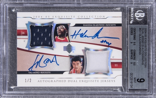 2004-05 UD "Exquisite Collection" Dual Jerseys Autographs #OY Hakeem Olajuwon/Yao Ming Dual Signed Game Used Patch Card (#1/2) – BGS MINT 9/BGS 10 